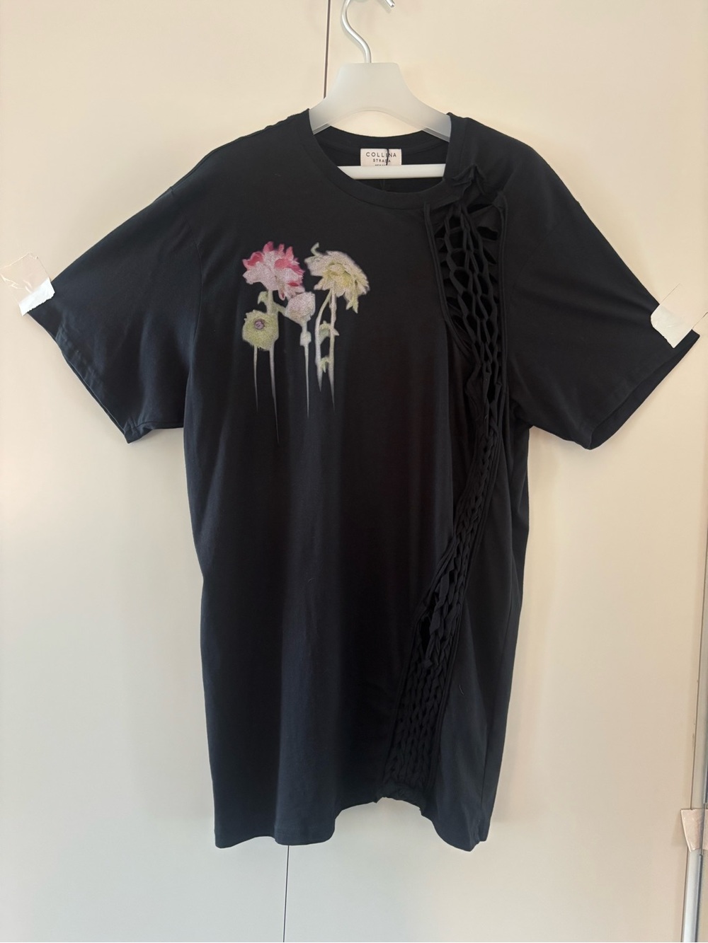 Collina Strada toshtee black tee w Pink Floral print and handcut & woven detail